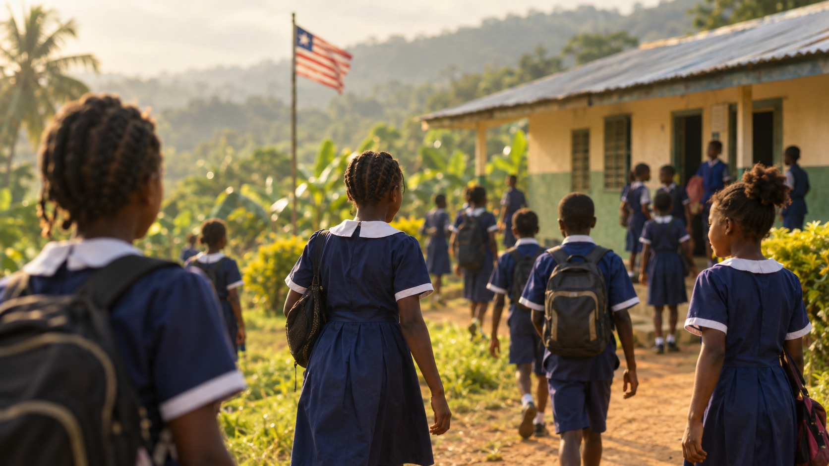 Liberian schoolchildren walking toward a small school building.