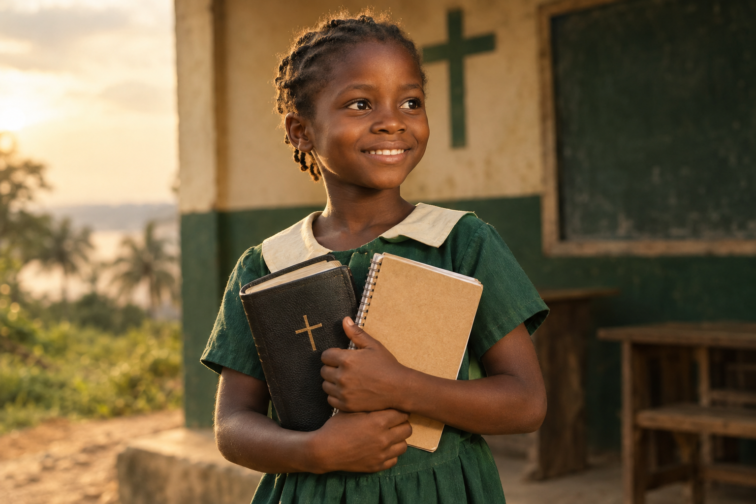 A Liberian schoolgirl in uniform holding a Bible and a notebook.