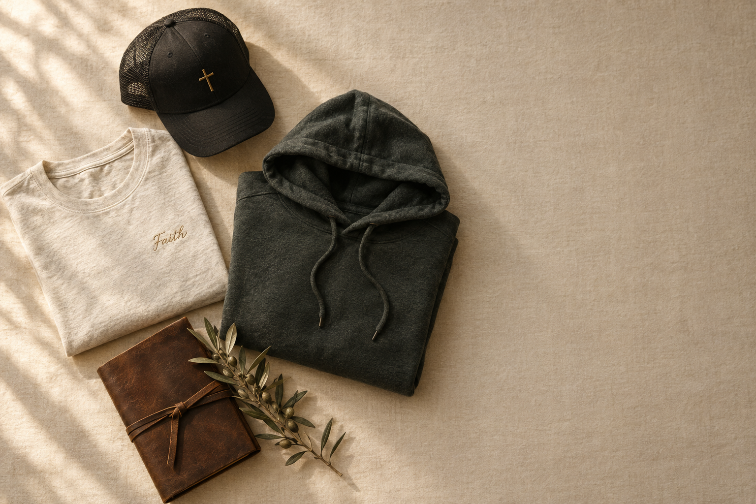 Christian inspirational apparel and journal arranged on a warm cream surface with an olive branch